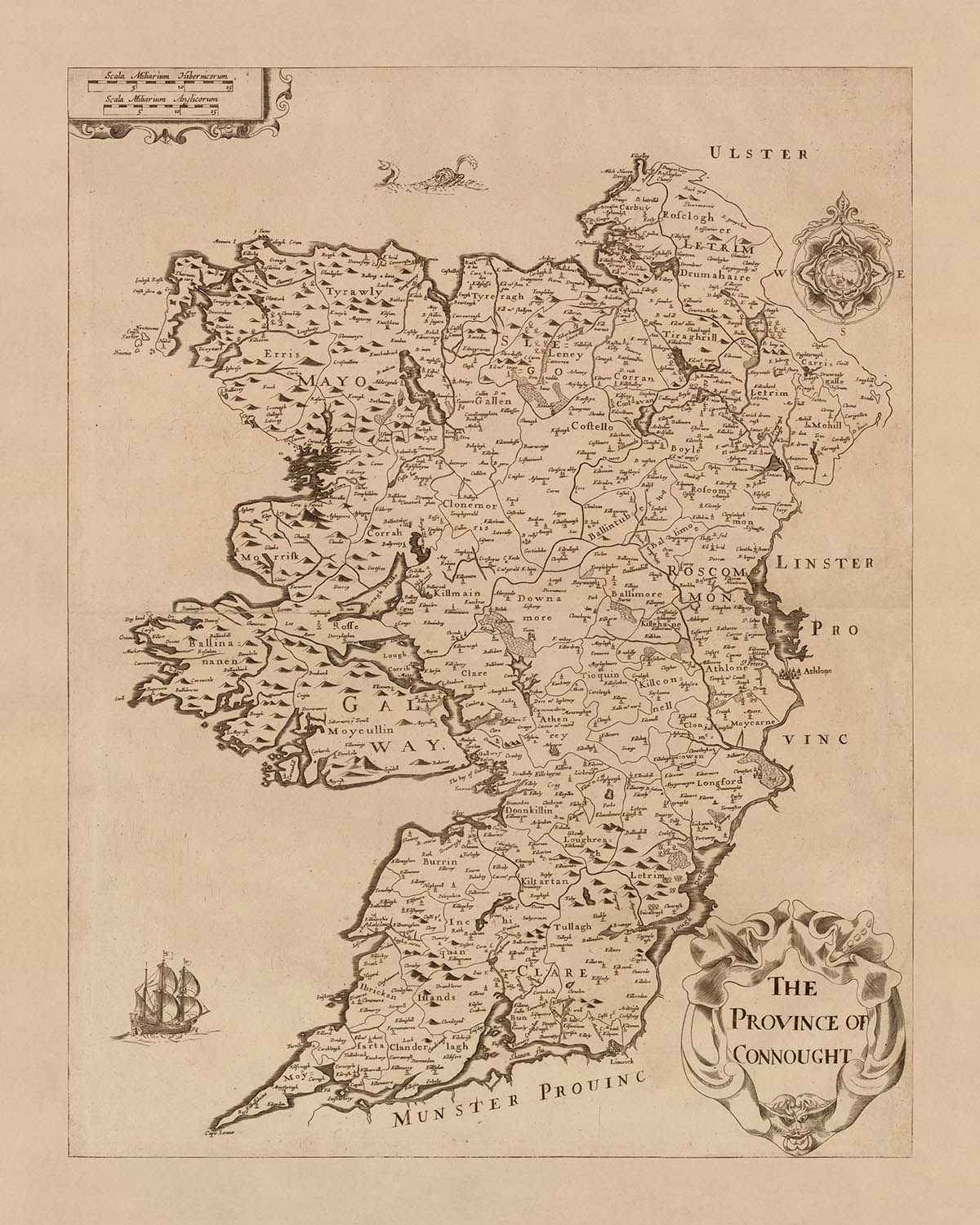 Mapa antiguo de Connacht por Petty, 1685: Galway, Leitrim, Mayo, Sligo, Roscommon 