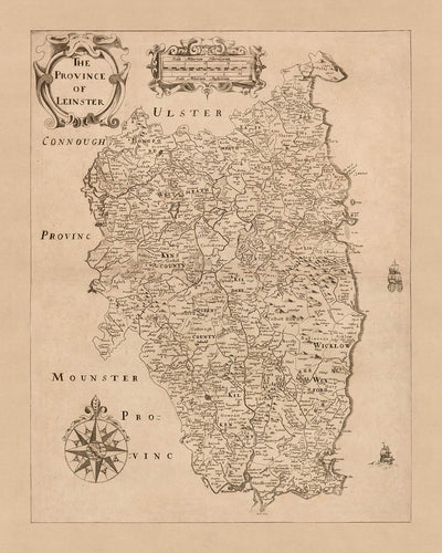 Old Map of Leinster by Petty, 1685: Dublin, Kilkenny, Wexford, Waterford, Kildare, Louth, Meath