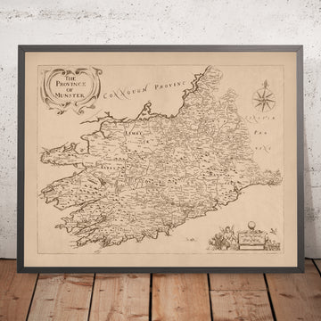 Mappa antica del Munster di Petty, 1685: Cork, Limerick, Waterford, Ennis, Tralee, Clonmel 