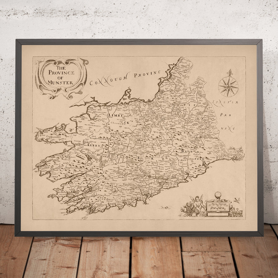 Alte Karte von Munster von Petty, 1685: Cork, Limerick, Waterford, Ennis, Tralee, Clonmel 