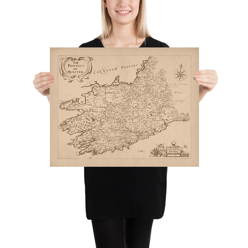 Alte Karte von Munster von Petty, 1685: Cork, Limerick, Waterford, Ennis, Tralee, Clonmel 