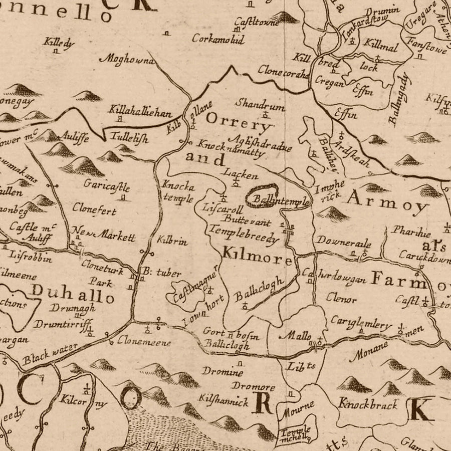 Alte Karte von Munster von Petty, 1685: Cork, Limerick, Waterford, Ennis, Tralee, Clonmel 