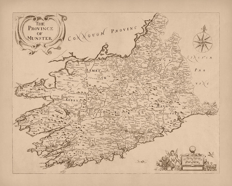 Alte Karte von Munster von Petty, 1685: Cork, Limerick, Waterford, Ennis, Tralee, Clonmel 