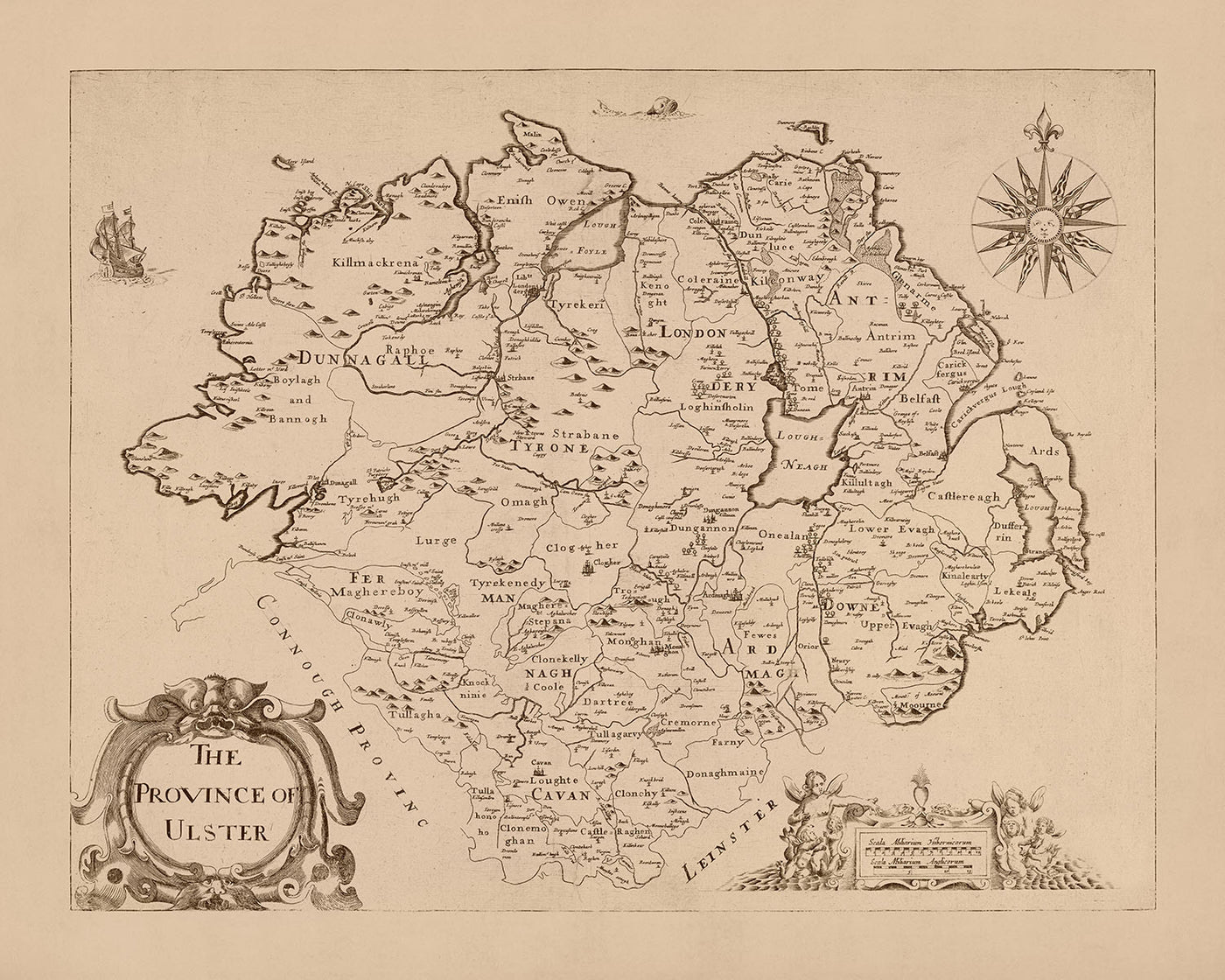 Alte Karte von Ulster von Petty, 1685: Armagh, Belfast, Londonderry, Donegal, Down, Antrim 