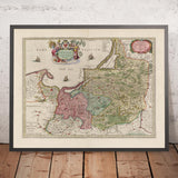 Mappa antica della Voivodato di Warmia-Masuria (Prussia) di Joan Blaeu, 1665: Olsztyn, Elbląg, Ełk, Ostroda e Giżycko, con i Laghi Masuri, Biskupiec e Łyna 