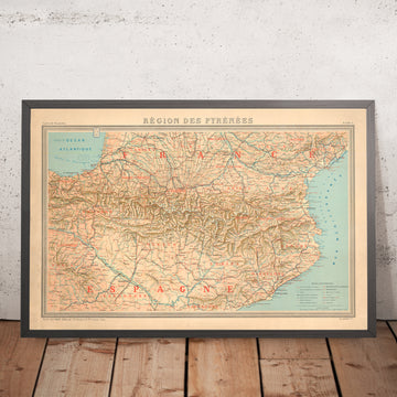 Mappa antica dei Pirenei, 1920: Francia meridionale e Spagna settentrionale 