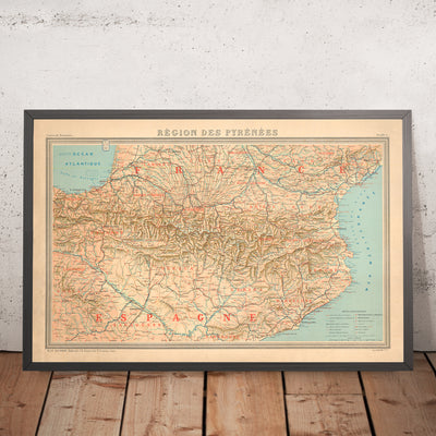 Old Map of the Pyrenees Mountains, 1920: Southern France and Northern Spain