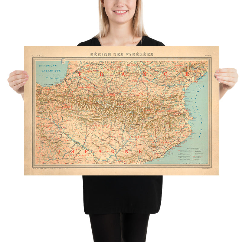 Old Map of the Pyrenees Mountains, 1920: Southern France and Northern Spain