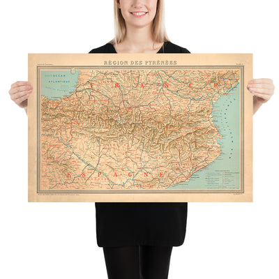 Old Map of the Pyrenees Mountains, 1920: Southern France and Northern Spain