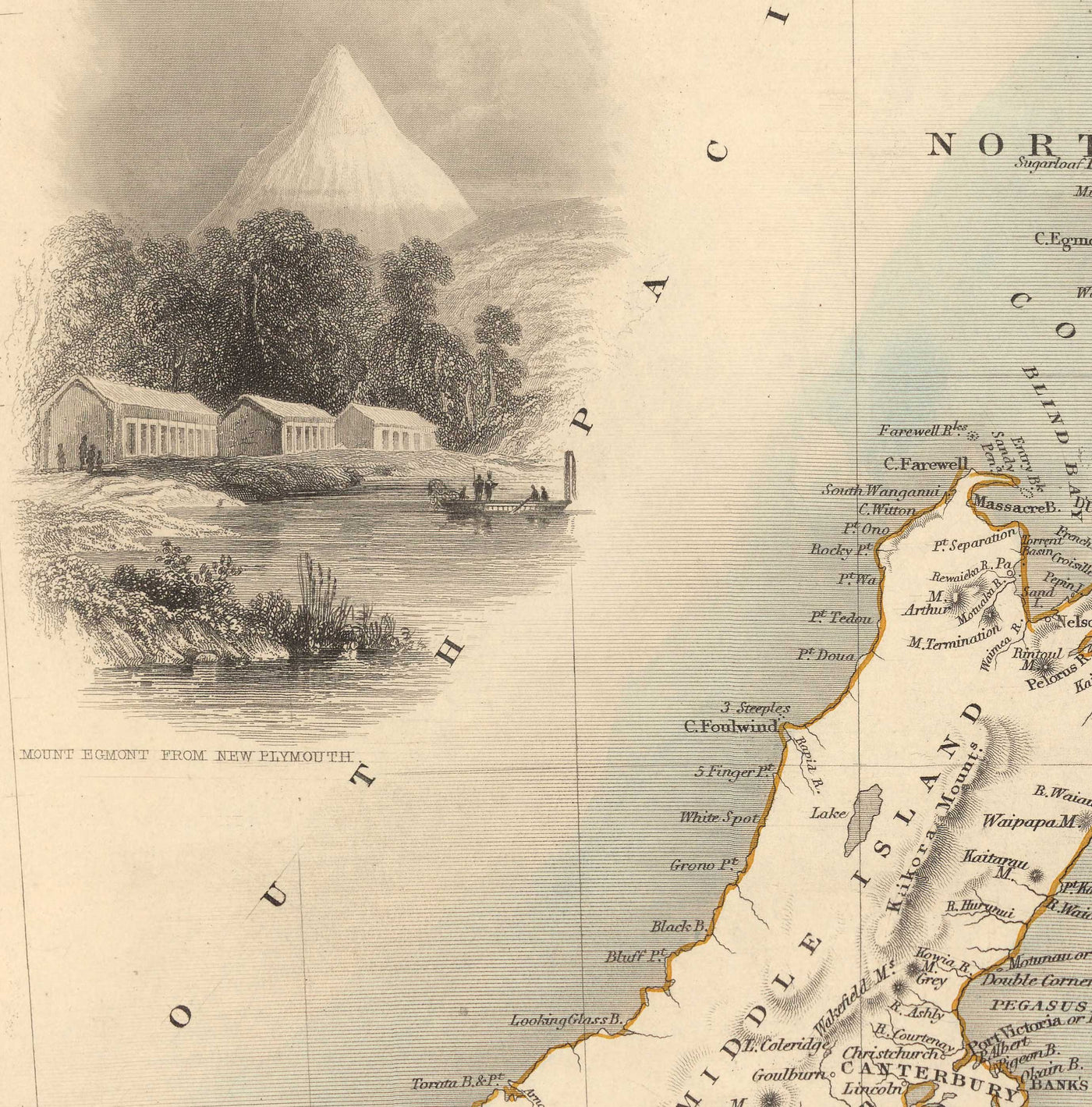 Ancienne carte de la Nouvelle-Zélande en 1851 par Tallis et Rapkin - Auckland, Tauranga, Christchurch, Wellington, New Plymouth