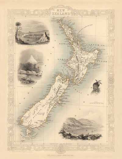 Ancienne carte de la Nouvelle-Zélande en 1851 par Tallis et Rapkin - Auckland, Tauranga, Christchurch, Wellington, New Plymouth