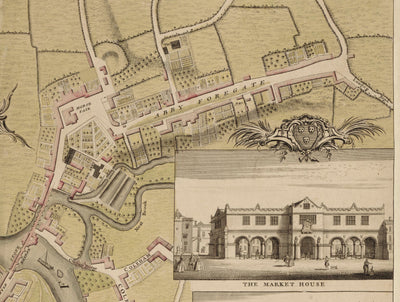 Ancienne carte de Shrewsbury en 1746 par John Rocque - Rivière Severn, Frankwell, Welsh Bridge, Stone Bridge, Bowling Green