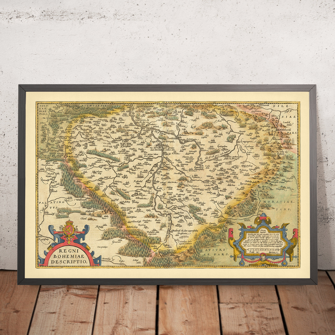 Antigua mapa de Bohemia de Ortelius, 1579: Chequia, Praga, río Vltava, bosques 