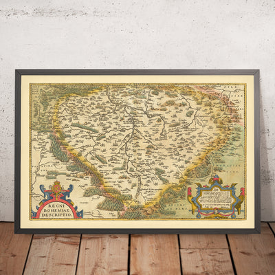 Antigua mapa de Bohemia de Ortelius, 1579: Chequia, Praga, río Vltava, bosques 