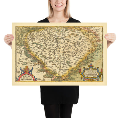 Antigua mapa de Bohemia de Ortelius, 1579: Chequia, Praga, río Vltava, bosques 