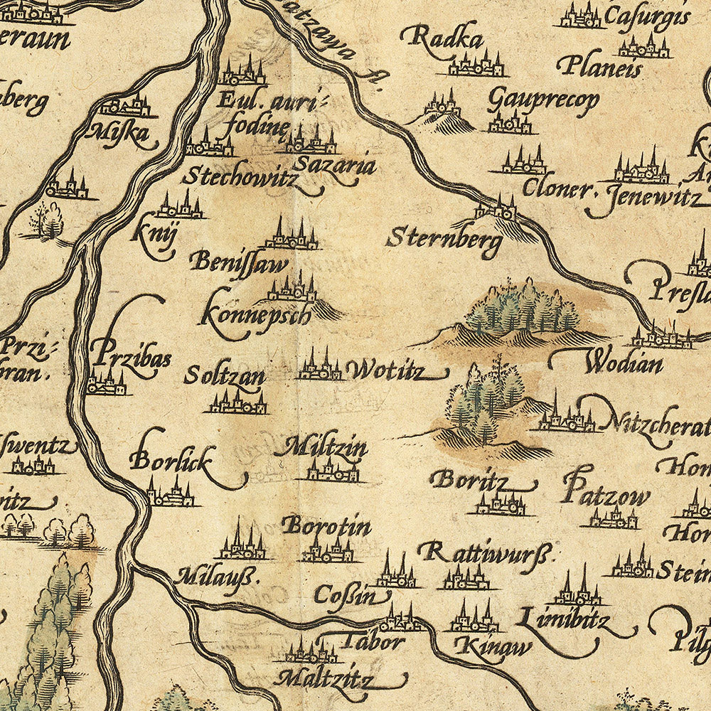 Antigua mapa de Bohemia de Ortelius, 1579: Chequia, Praga, río Vltava, bosques 
