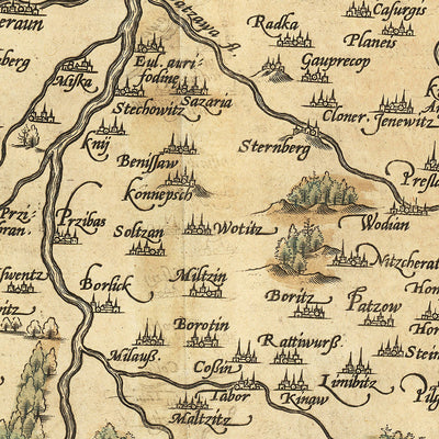 Antigua mapa de Bohemia de Ortelius, 1579: Chequia, Praga, río Vltava, bosques 