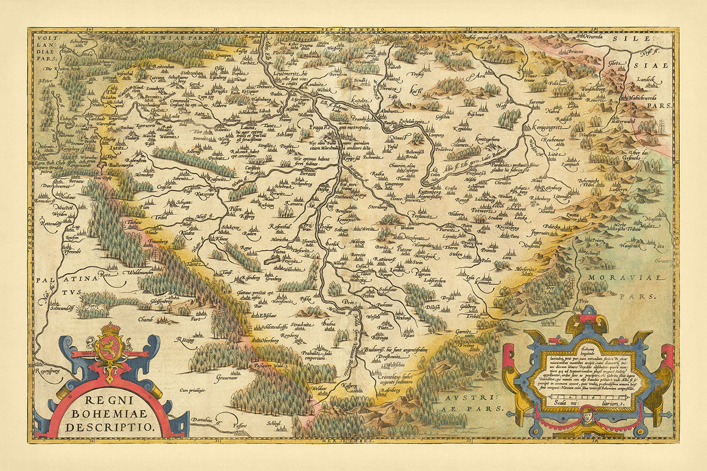 Antigua mapa de Bohemia de Ortelius, 1579: Chequia, Praga, río Vltava, bosques 
