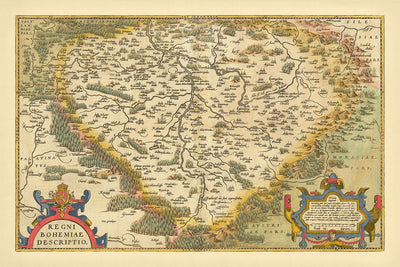 Antigua mapa de Bohemia de Ortelius, 1579: Chequia, Praga, río Vltava, bosques 
