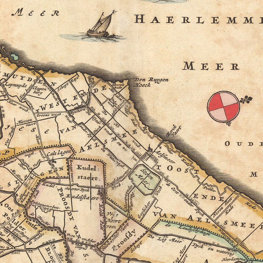 Old Map of Rijnland and Amstelland by Visscher, 1690: Amsterdam, Haarlem, The Hague, Leiden, Gouda