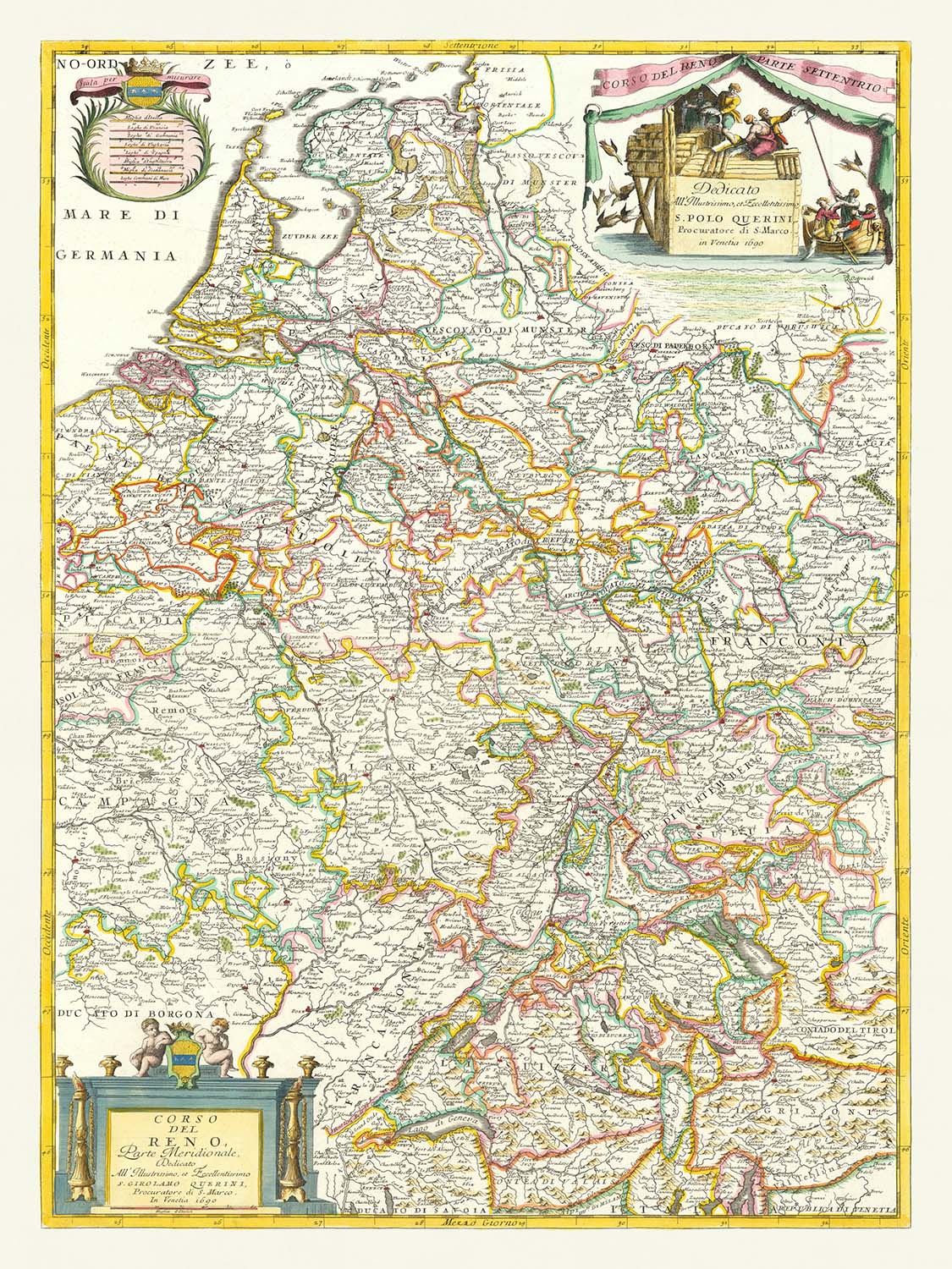 Old Map of the Rhine River Basin in Europe by Coronelli, 1690: Basel, Cologne, Frankfurt, Lake Constance, Swiss Alps