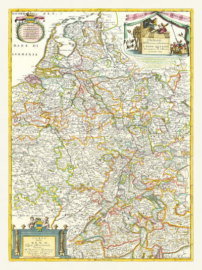 Old Map of the Rhine River Basin in Europe by Coronelli, 1690: Basel, Cologne, Frankfurt, Lake Constance, Swiss Alps