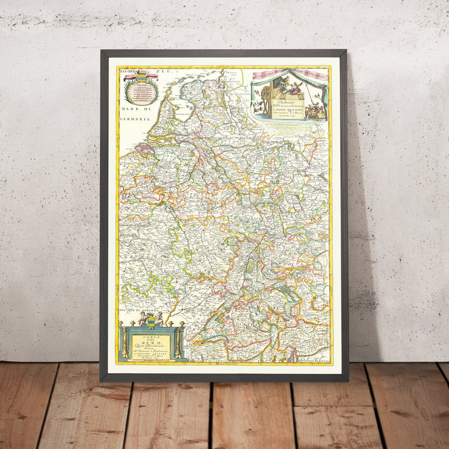 Old Map of the Rhine River Basin in Europe by Coronelli, 1690: Basel, Cologne, Frankfurt, Lake Constance, Swiss Alps
