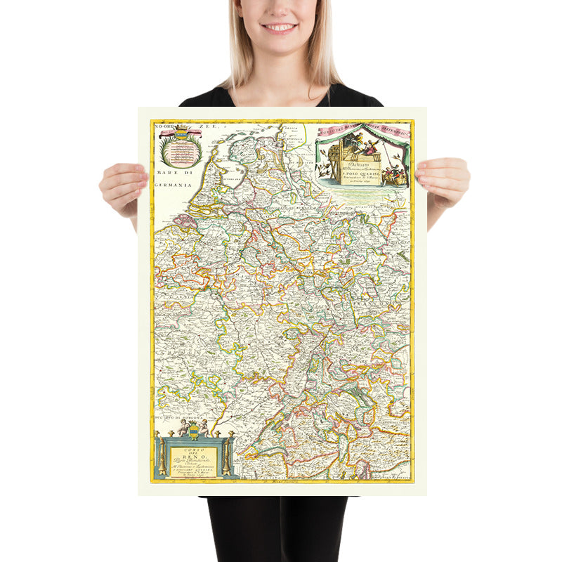 Old Map of the Rhine River Basin in Europe by Coronelli, 1690: Basel, Cologne, Frankfurt, Lake Constance, Swiss Alps