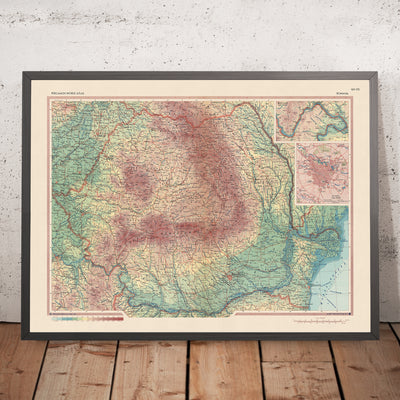 Mapa antiguo de Rumanía, 1967: Bucarest, Cluj-Napoca, Timișoara, Montañas Cárpatos, Río Danubio 