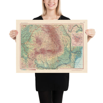 Mapa antiguo de Rumanía, 1967: Bucarest, Cluj-Napoca, Timișoara, Montañas Cárpatos, Río Danubio 
