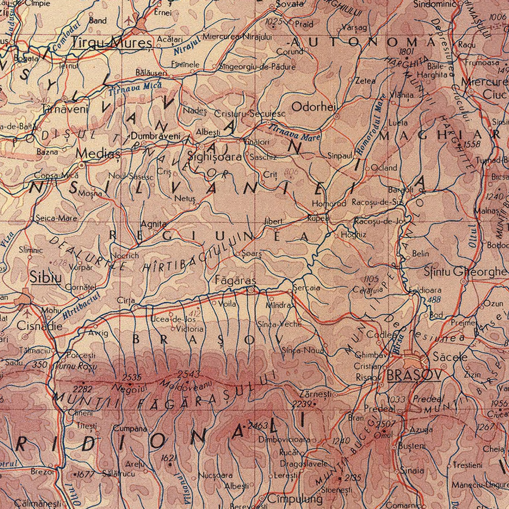 Mapa antiguo de Rumanía, 1967: Bucarest, Cluj-Napoca, Timișoara, Montañas Cárpatos, Río Danubio 