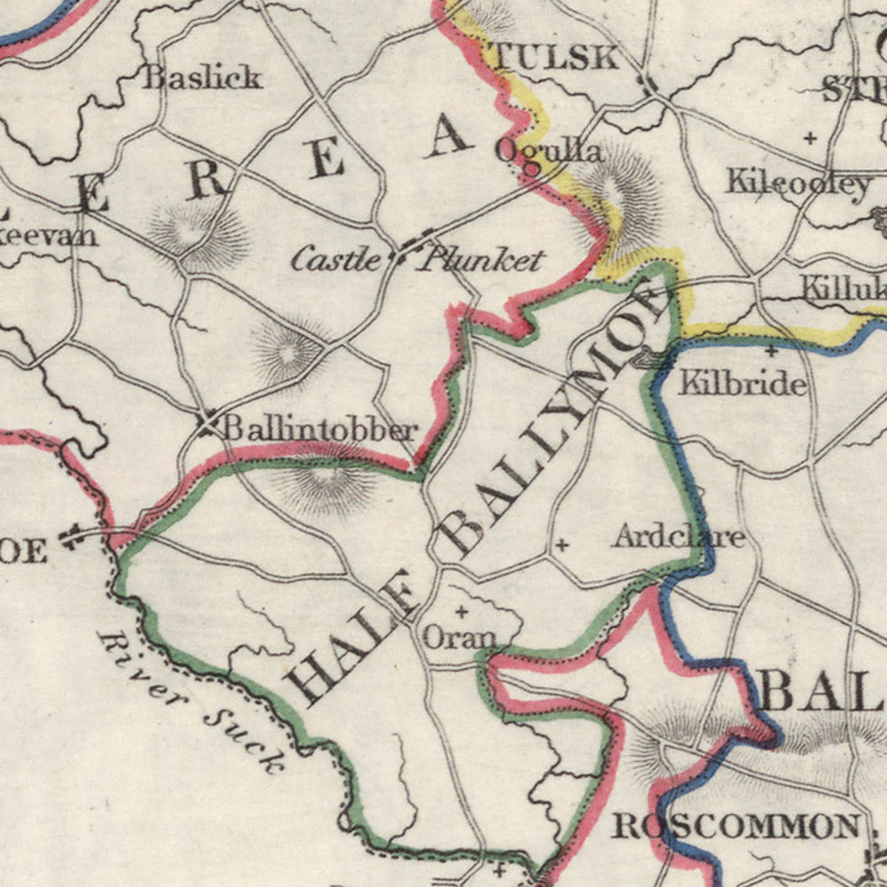 Alte Karte des County Roscommon von Lewis, 1844: Castlerea, Boyle, Fluss Shannon, Lough Allen, Große Hungersnot 