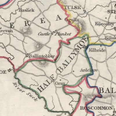 Alte Karte des County Roscommon von Lewis, 1844: Castlerea, Boyle, Fluss Shannon, Lough Allen, Große Hungersnot 