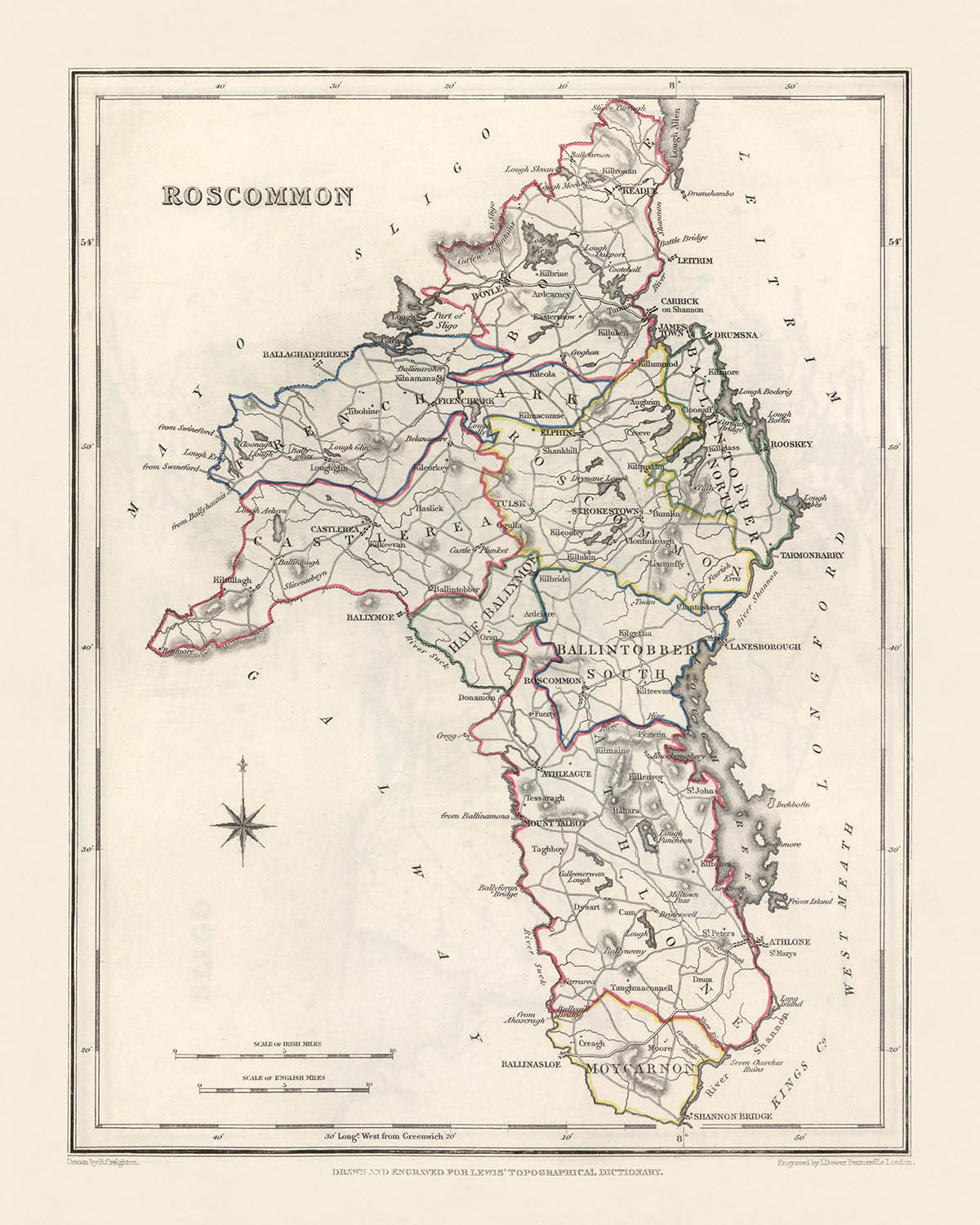 Alte Karte des County Roscommon von Lewis, 1844: Castlerea, Boyle, Fluss Shannon, Lough Allen, Große Hungersnot 