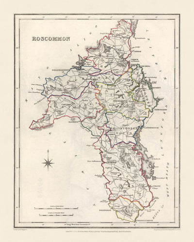 Alte Karte des County Roscommon von Lewis, 1844: Castlerea, Boyle, Fluss Shannon, Lough Allen, Große Hungersnot 