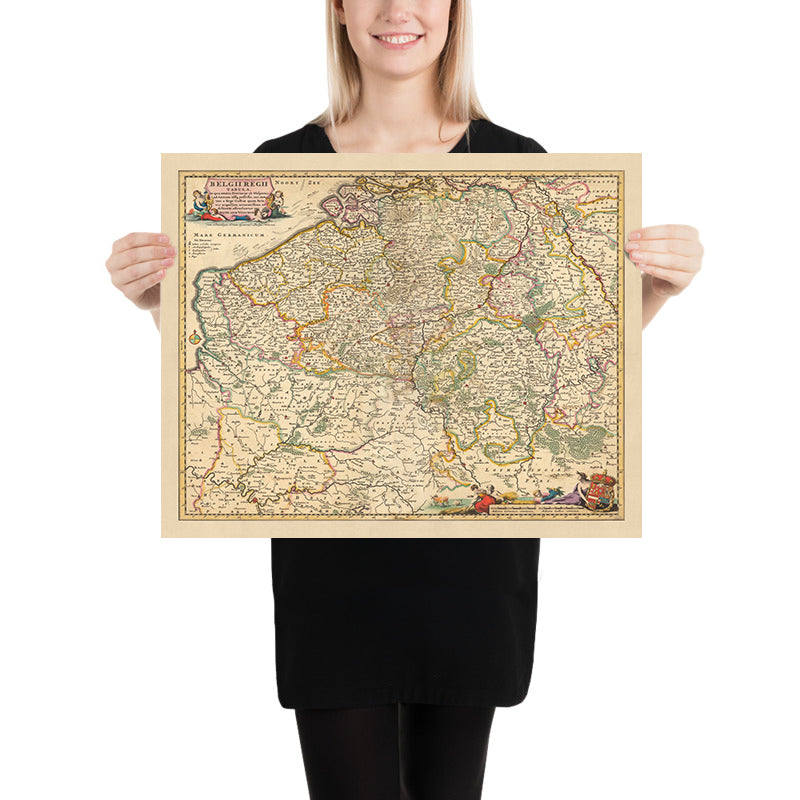 Mapa antiguo de la Bélgica real de Visscher, 1690: Bruselas, Gante, Amberes, Lille, parque Caps et Marais d'Opale