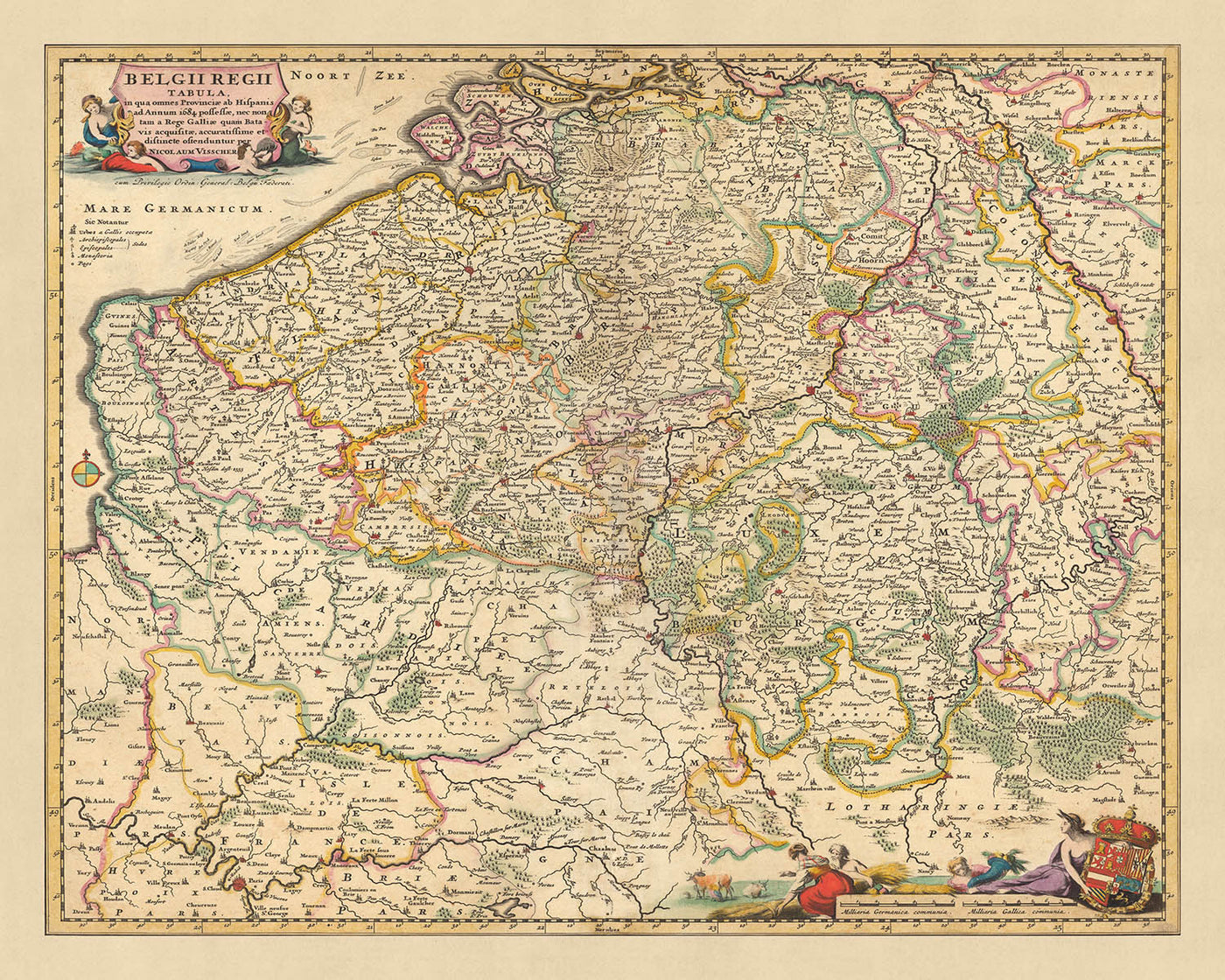 Mapa antiguo de la Bélgica real de Visscher, 1690: Bruselas, Gante, Amberes, Lille, parque Caps et Marais d'Opale
