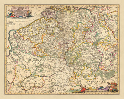 Mapa antiguo de la Bélgica real de Visscher, 1690: Bruselas, Gante, Amberes, Lille, parque Caps et Marais d'Opale