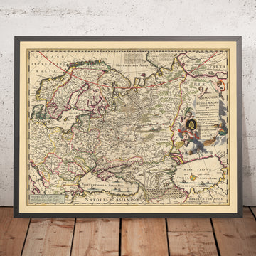 Old Map of Russia by Visscher, 1690: Moscow, Warsaw, Budapest, Oslo, Stockholm