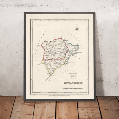 Ancienne carte du Rutlandshire par Samuel Lewis, 1844 : Oakham, Uppingham, Cottesmore, Langham, Belton