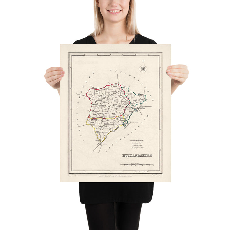 Ancienne carte du Rutlandshire par Samuel Lewis, 1844 : Oakham, Uppingham, Cottesmore, Langham, Belton