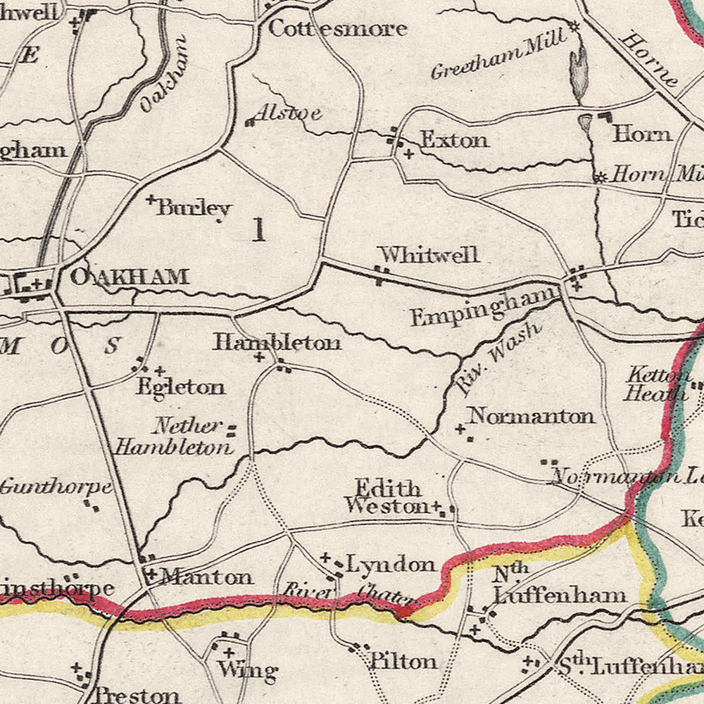 Ancienne carte du Rutlandshire par Samuel Lewis, 1844 : Oakham, Uppingham, Cottesmore, Langham, Belton