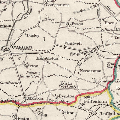 Ancienne carte du Rutlandshire par Samuel Lewis, 1844 : Oakham, Uppingham, Cottesmore, Langham, Belton