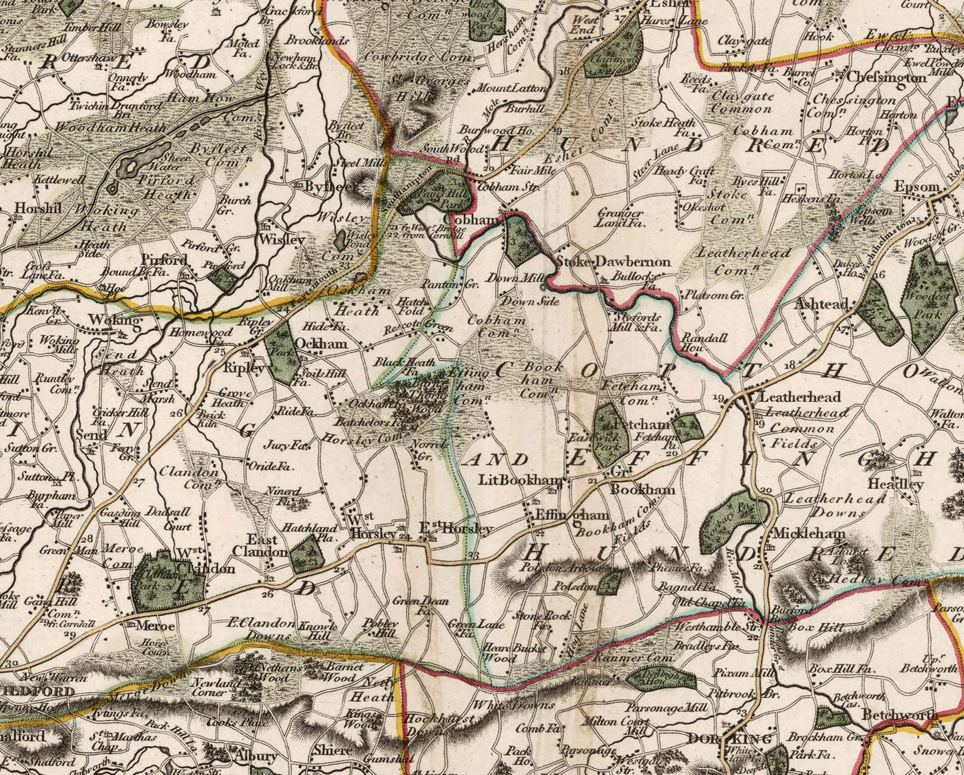Alte Karte von Surrey im Jahr 1801 von John Cary - Guildford, Haslemere, Streatham, Reigate, Dorking 