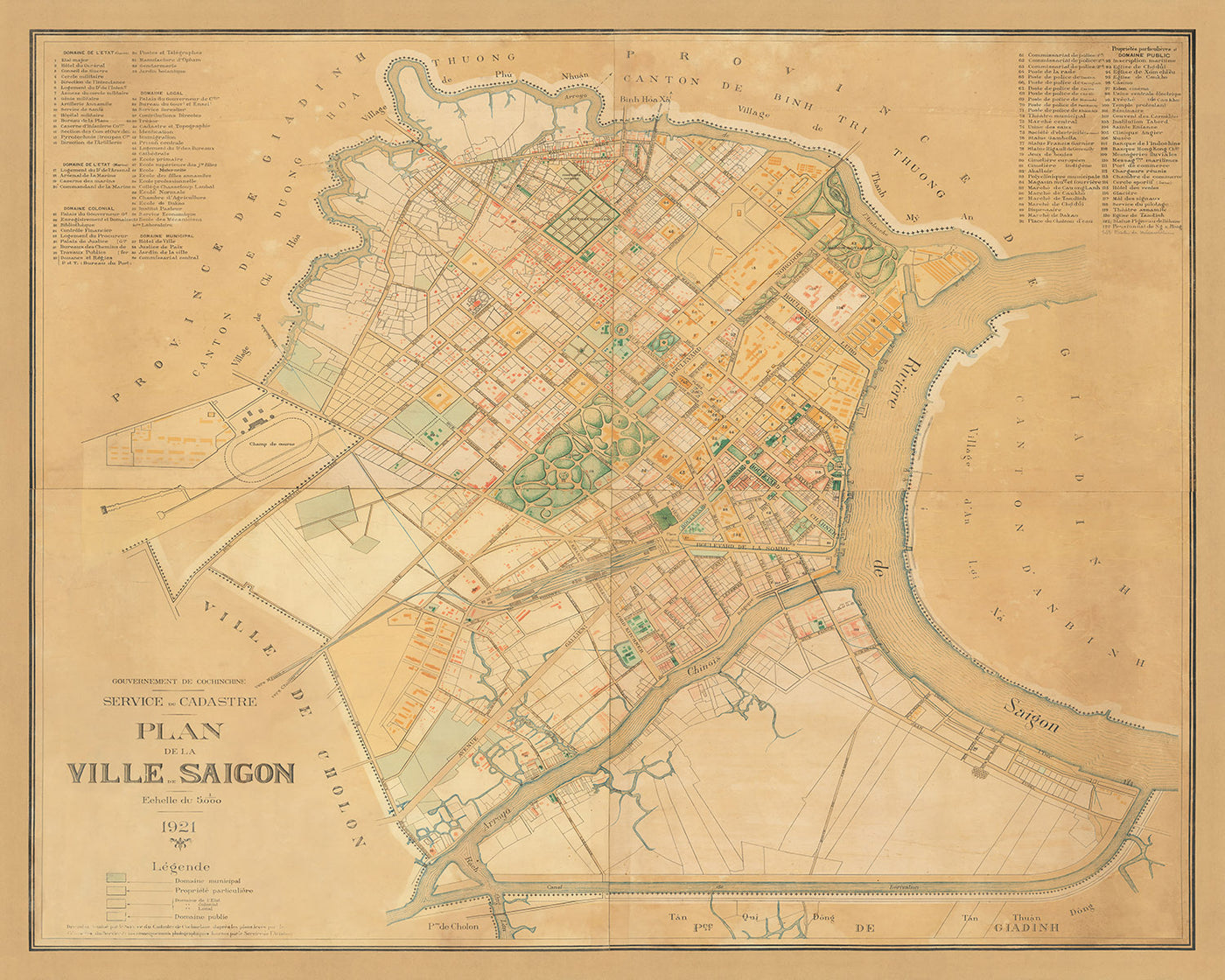 Alte Karte von Saigon (Ho-Chi-Minh-Stadt), 1921: Kolonialer Stadtplan, Saigon-Fluss, Französische Architektur, Historische Straßen 