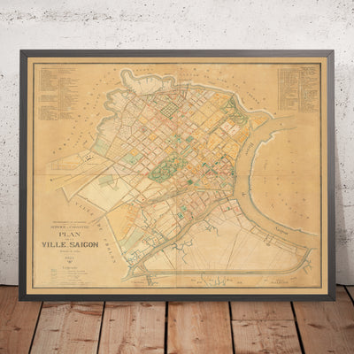 Alte Karte von Saigon (Ho-Chi-Minh-Stadt), 1921: Kolonialer Stadtplan, Saigon-Fluss, Französische Architektur, Historische Straßen 