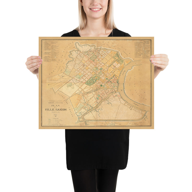 Alte Karte von Saigon (Ho-Chi-Minh-Stadt), 1921: Kolonialer Stadtplan, Saigon-Fluss, Französische Architektur, Historische Straßen 