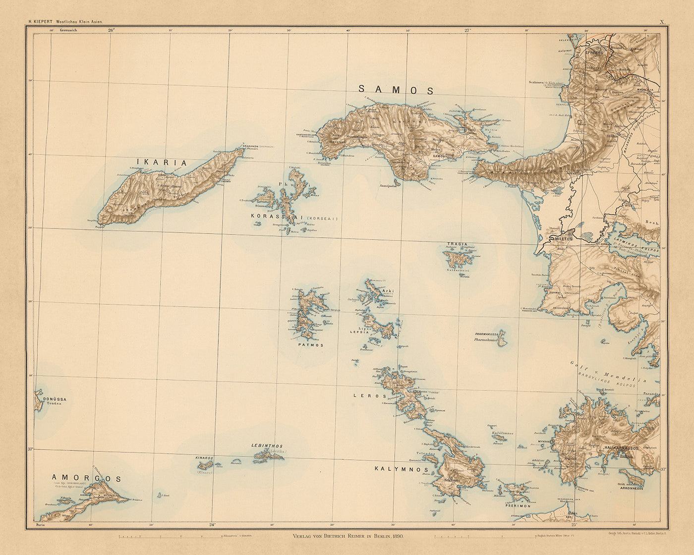 Old Map of Samos & Aegean Islands by Kiepert, 1890: Ikaria, Kalymnos, Fournoi, Ephesus