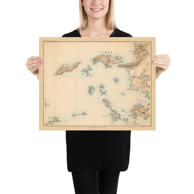 Old Map of Samos & Aegean Islands by Kiepert, 1890: Ikaria, Kalymnos, Fournoi, Ephesus