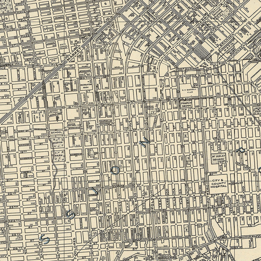 Mapa antiguo de San Francisco, 1938: Puente Golden Gate, Chinatown, Presidio, Fisherman&